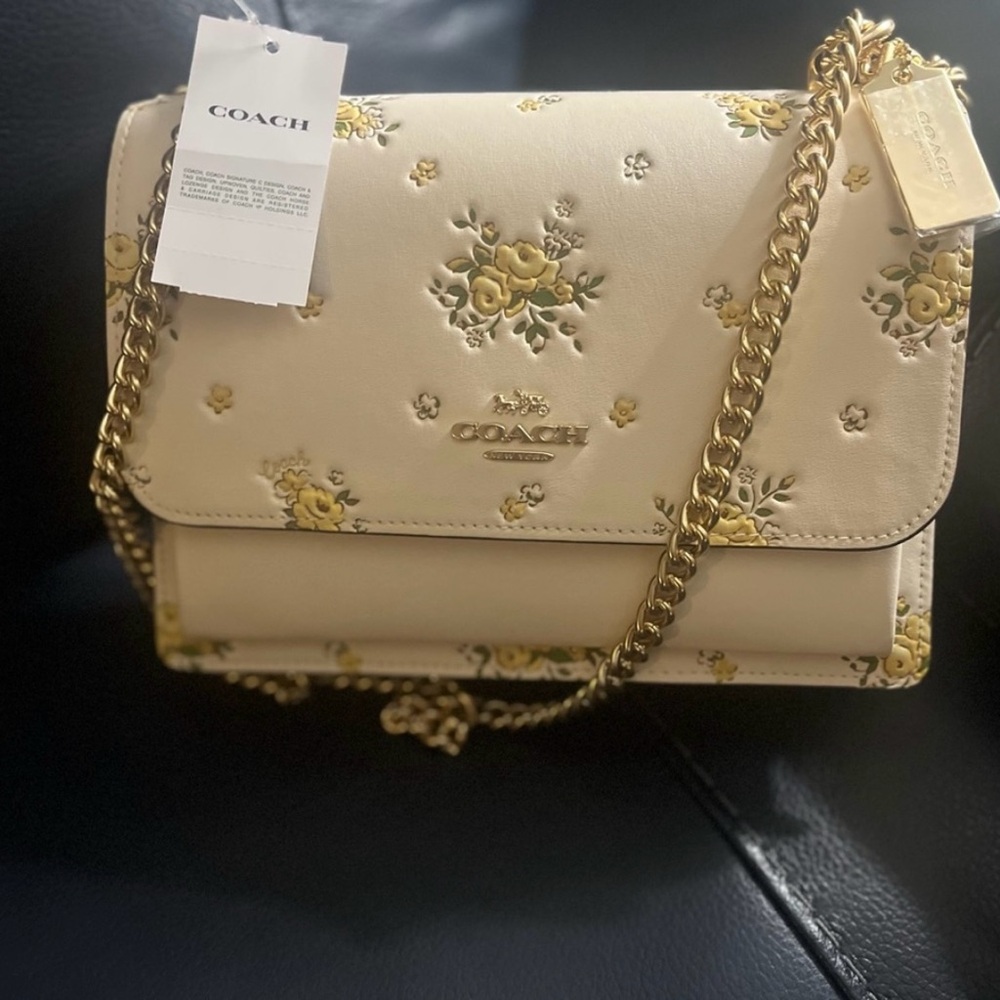 Authentic Coach Cream Floral Crossbody Bag with Gold Chain